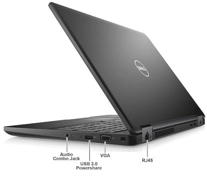 كمبيوتر محمول Dell Latitude 5590 Business، معالج Intel Core i5-7300U من الجيل السابع، ذاكرة وصول عشوائي سعتها 8 جيجابايت، قرص SSD سعة 256 جيجابايت، شاشة FHD مقاس 15.6 بوصة، نظام التشغيل Windows 10 Pro، قارئ بصمات الأصابع، أسود