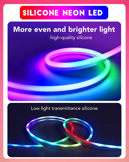 TUYA Neon LED Strip Lights 12-24V 84LEDs/M Silicone Neon Rope Light with Music Sync RGBIC Dreamcolor Chasing Strip Tape for Room