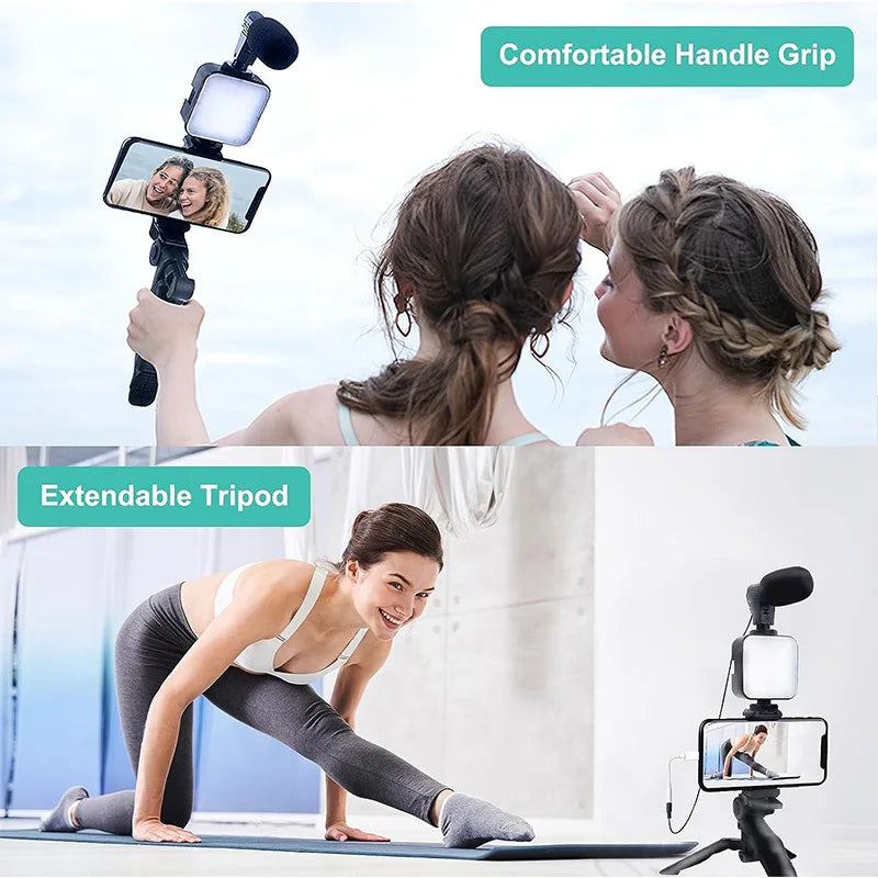 Smartphone Vlogging Kit With Tripod Phone Holder Mini Microphone LED Fill Light Starter For TikTok Live Stream Video YouTube