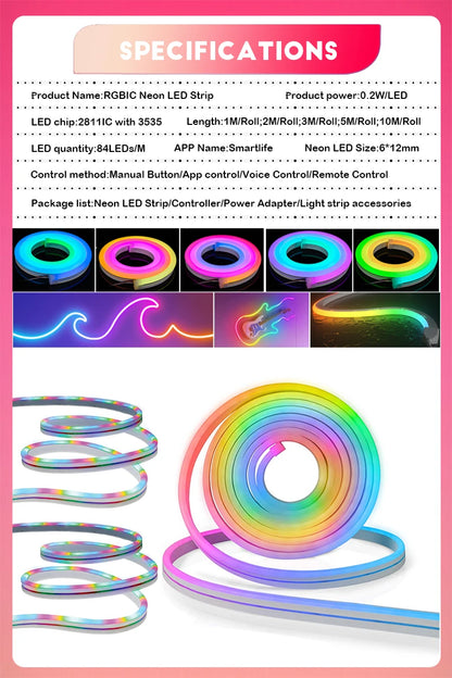 TUYA Neon LED Strip Lights 12-24V 84LEDs/M Silicone Neon Rope Light with Music Sync RGBIC Dreamcolor Chasing Strip Tape for Room