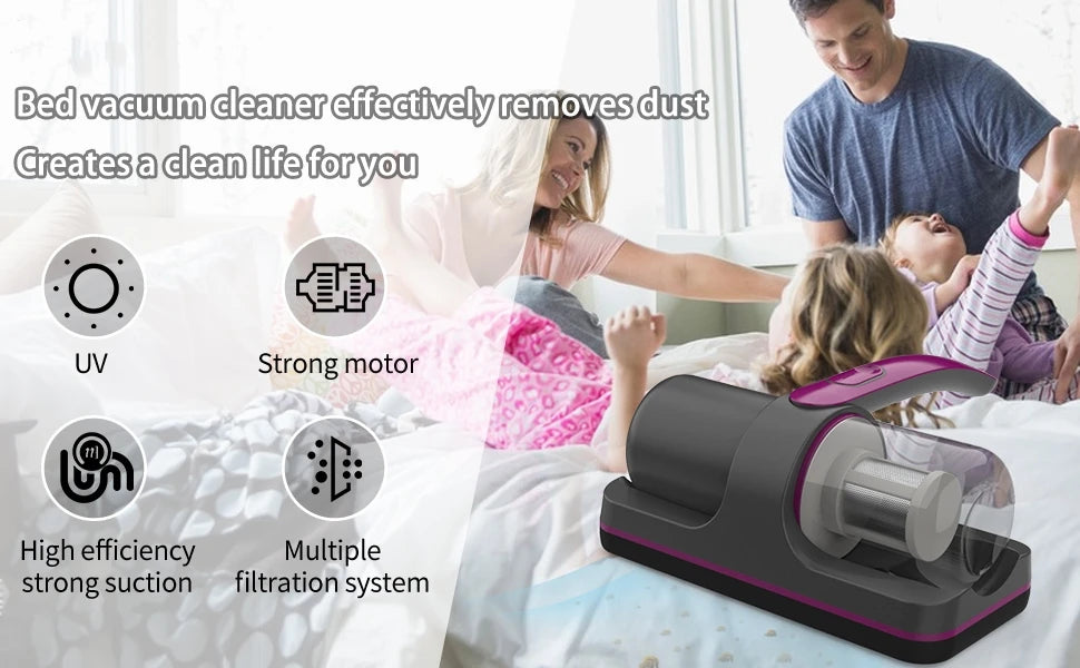 Wireless Mattress Vacuum Cleaner Cordless Handheld UV-C Bed Dust Remover Indepth Cleaning Sofa Specialist 12Kpa Powerful Suction