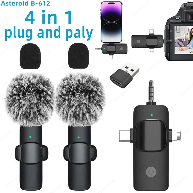 Professional 4 In 1 Wireless Lavalier Microphone for iPhone Android 3.5mm for Radio Live Recording Noise Reduction Mini Microph