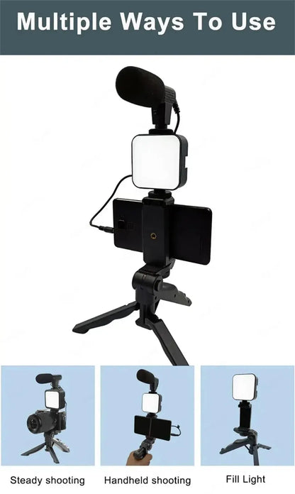 Smartphone Vlogging Kit With Tripod Phone Holder Mini Microphone LED Fill Light Starter For TikTok Live Stream Video YouTube