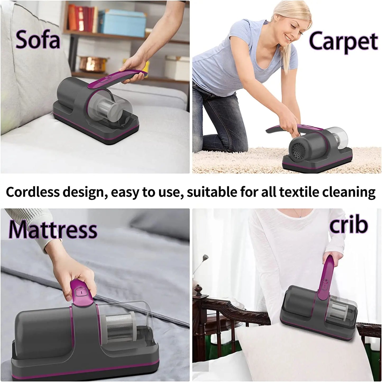 Wireless Mattress Vacuum Cleaner Cordless Handheld UV-C Bed Dust Remover Indepth Cleaning Sofa Specialist 12Kpa Powerful Suction