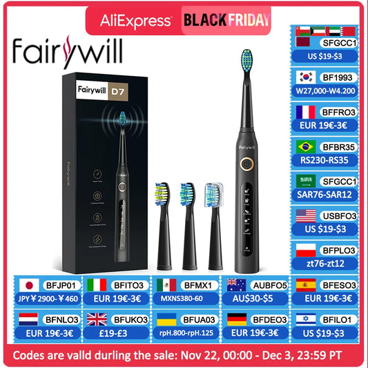 Fairywill Electric Sonic Toothbrush USB Charge FW-507 Rechargeable Waterproof Electronic Tooth Brushes Replacement Heads Adult