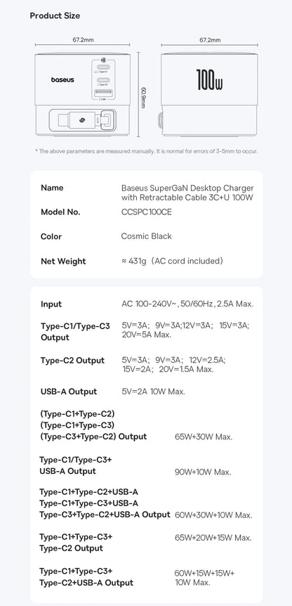【New Sale】 Baseus 100W Desktop Charger For Tablet Laptop Fast Charger Retractable USB C Phone Charger For iPhone Samsung Macbook